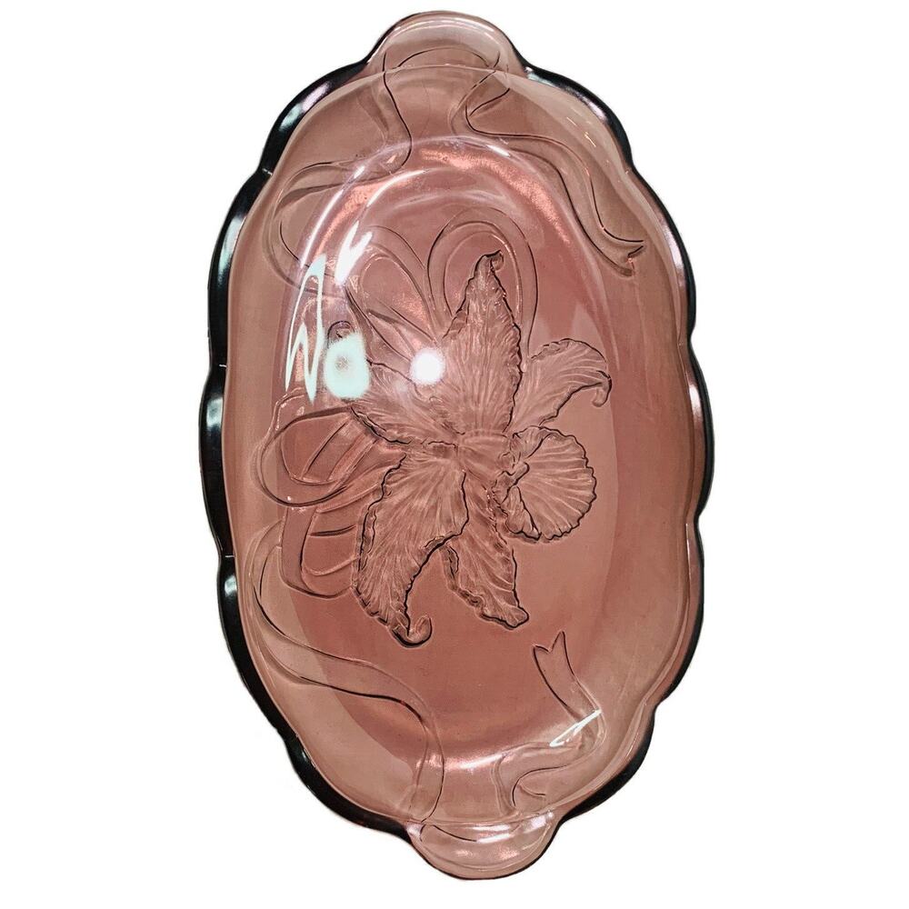 Vintage Glass Serving Platter Pink Tray Medium Daffodil Clear Plate 14 x 8.5"